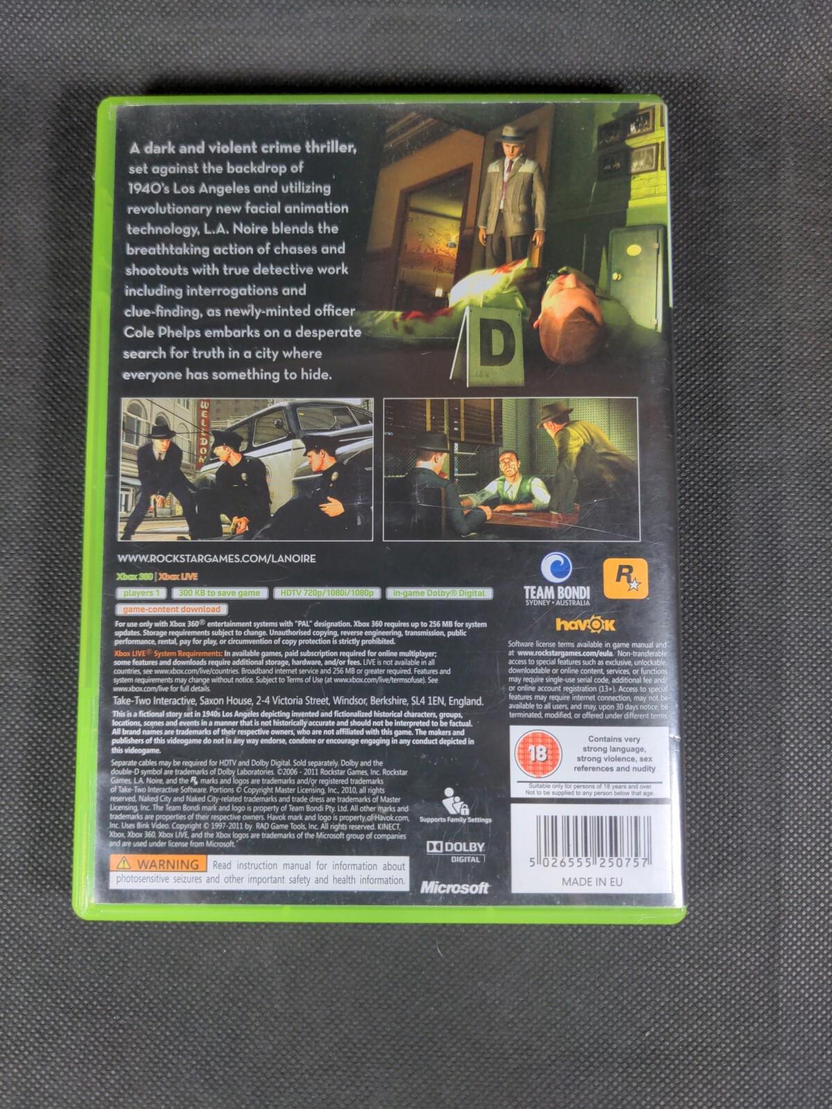 L.A. Noire Xbox 360 Game + Manual Tested & Working Cert 18