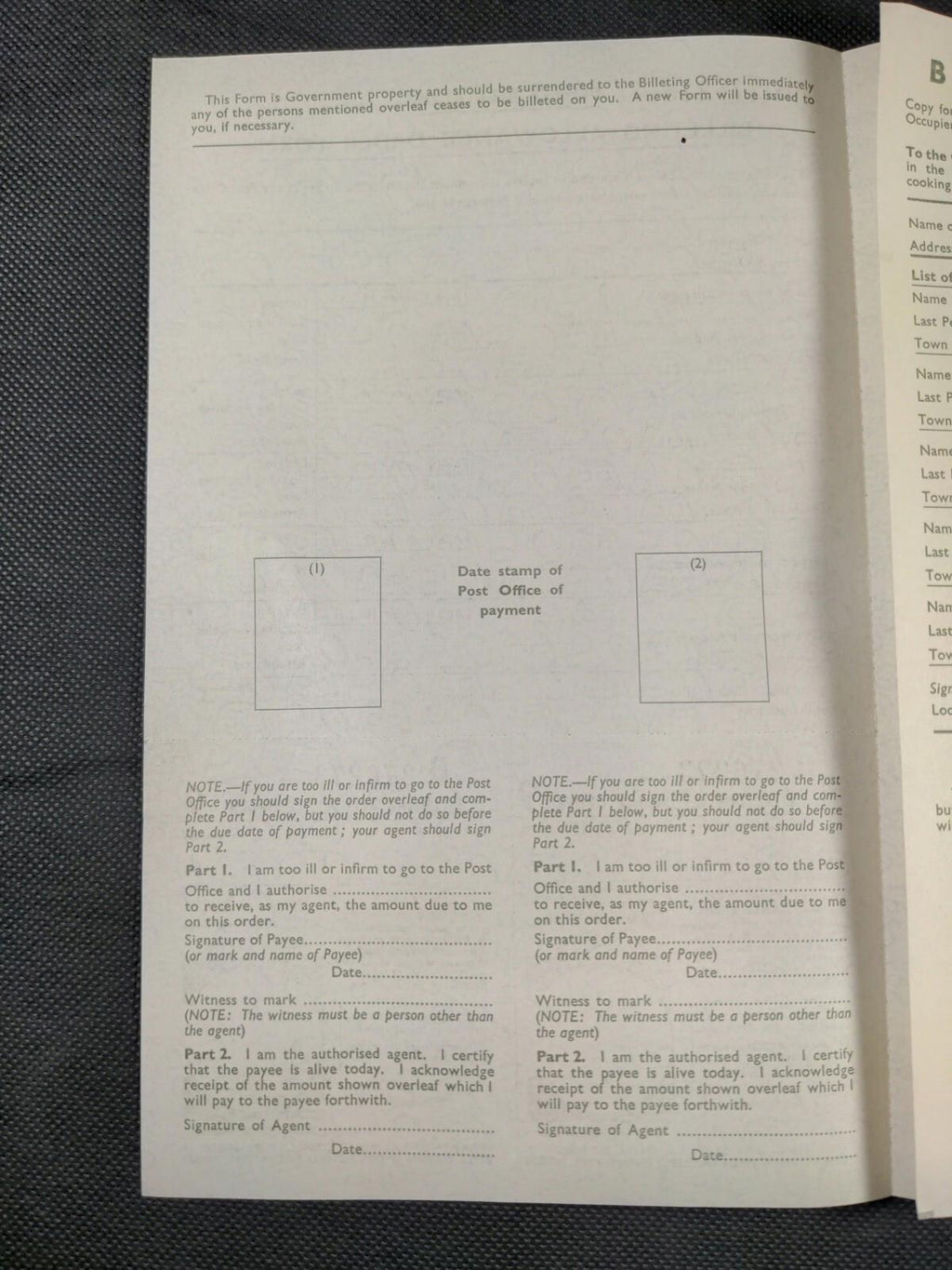 Defence Regulation WW2 Billeting Allowance Order Form Evacuation War Ephemera UK