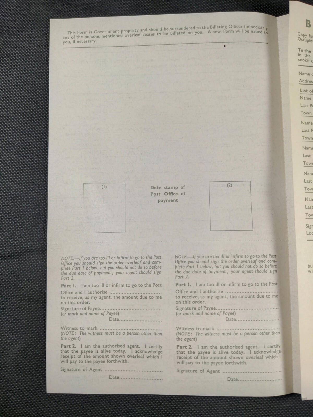 Defence Regulation WW2 Billeting Allowance Order Form Evacuation War Ephemera UK
