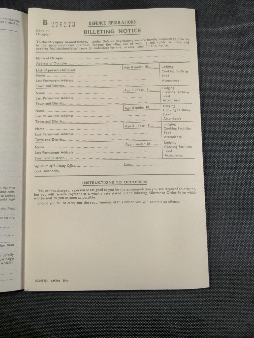 Defence Regulation WW2 Billeting Allowance Order Form Evacuation War Ephemera UK