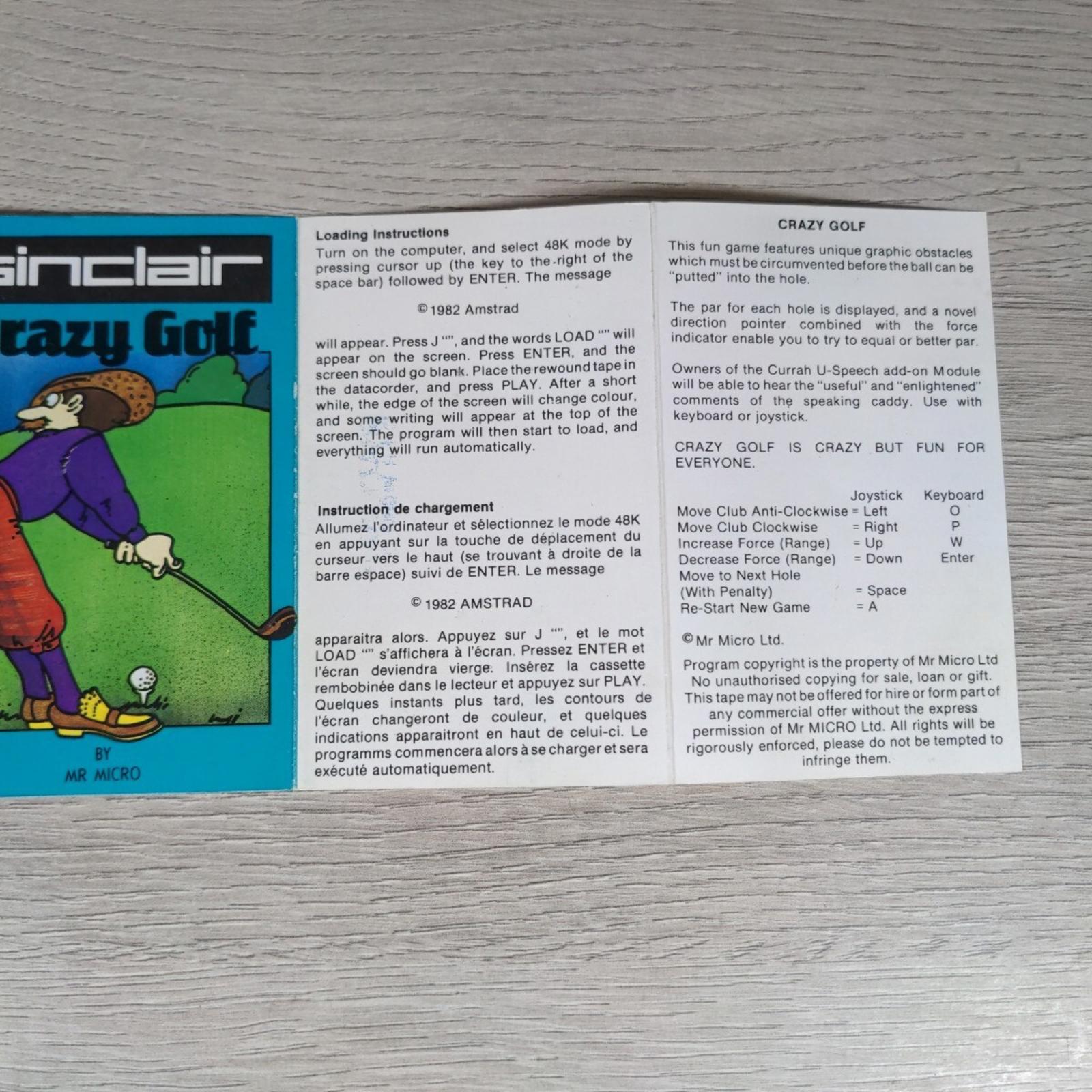 Crazy Golf Sinclair ZX Spectrum 48K Video Game Cassette Tested & Working