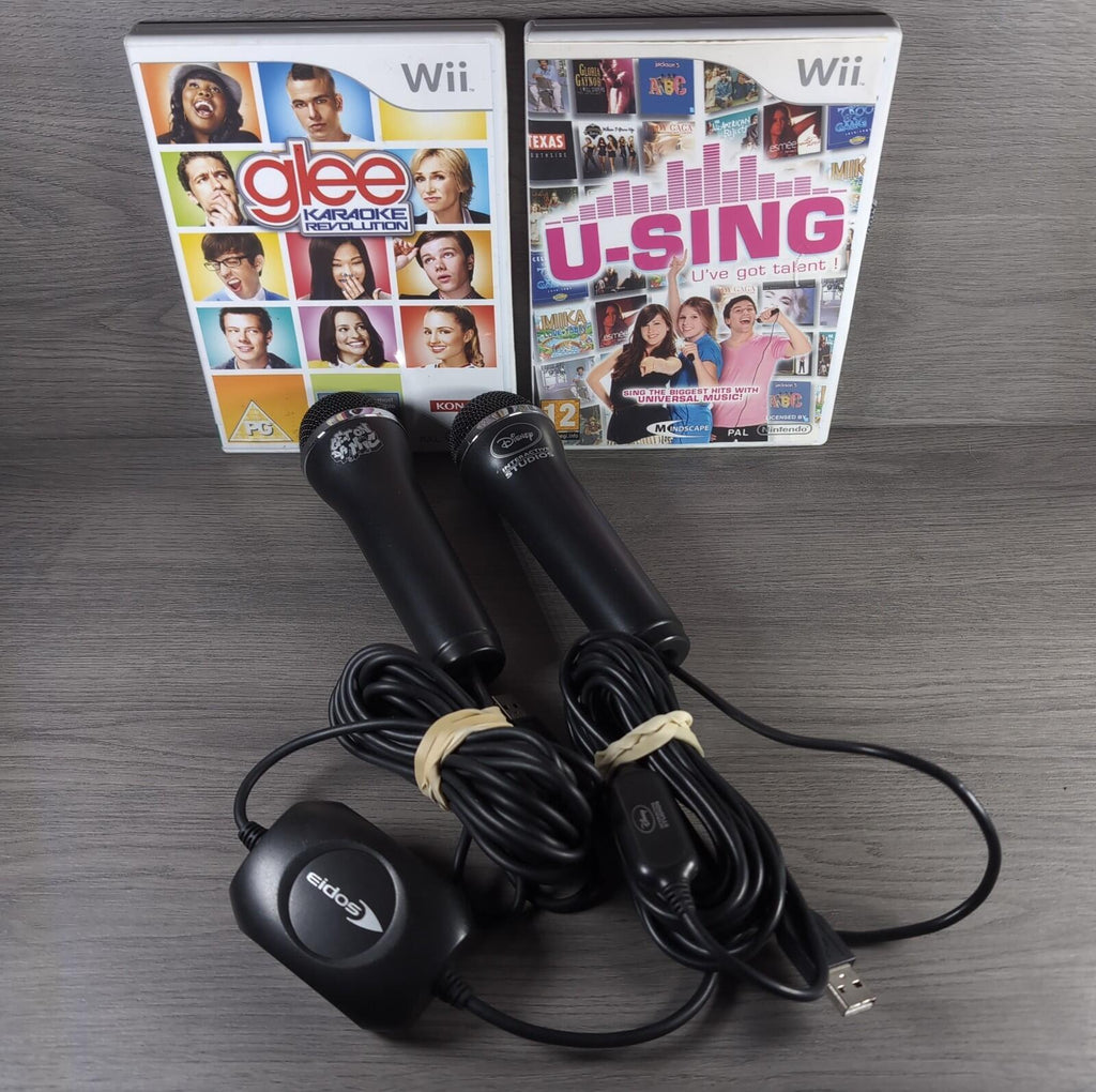 Nintendo Wii Logitech Microphones x 2 With Glee Karaoke & U-Sing Games