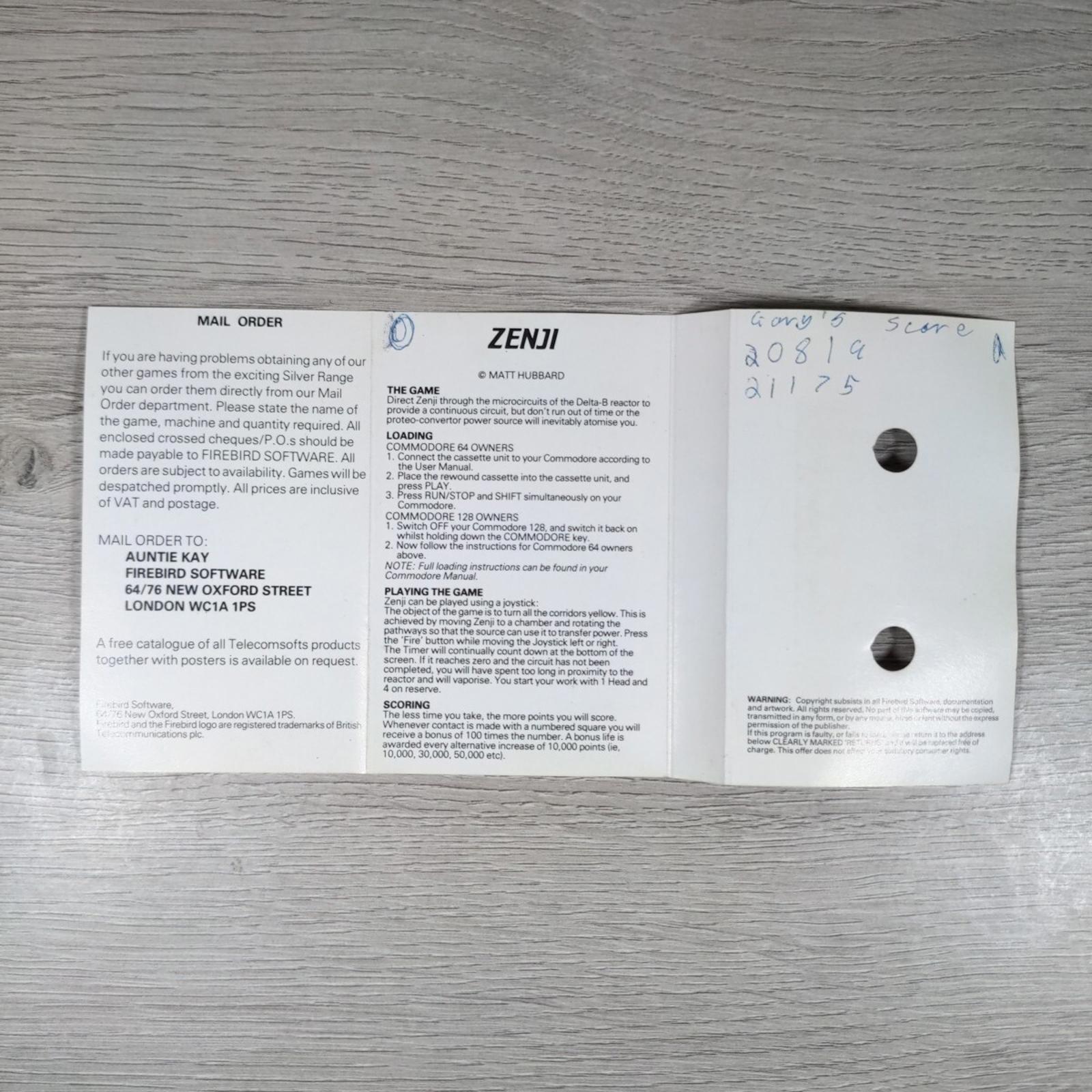 Zenji Commodore 64 C64 Game Cassette Tested & Working