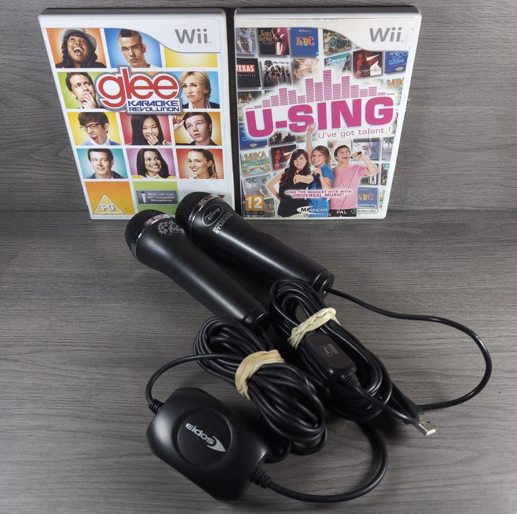 Nintendo Wii Logitech Microphones x 2 With Glee Karaoke & U-Sing Games