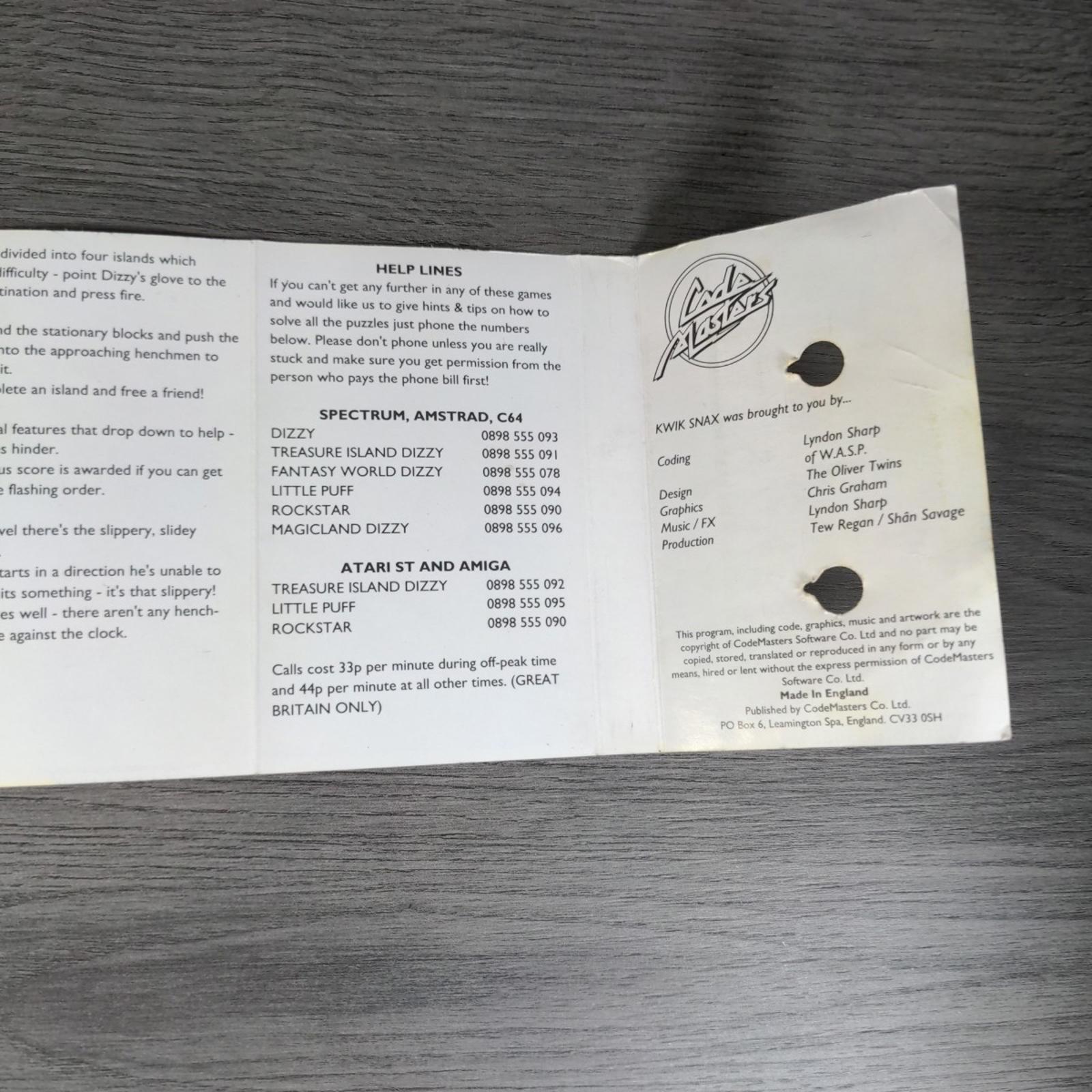 Kwick Snax ZX Spectrum 48/128K Game Cassette Code Masters Tested & Working