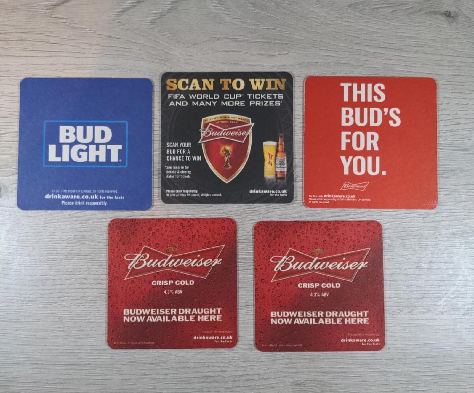Budweiser 5 x Beer Mats Pub Bar Coaster Breweriana - Retrorama UK