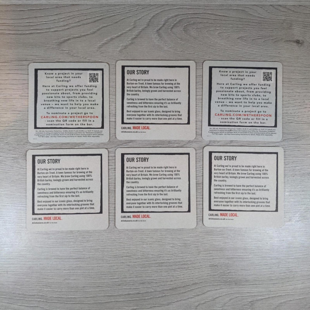 Carling 6 x Collectable Beer Mats Pub Bar Coaster Breweriana - Retrorama UK