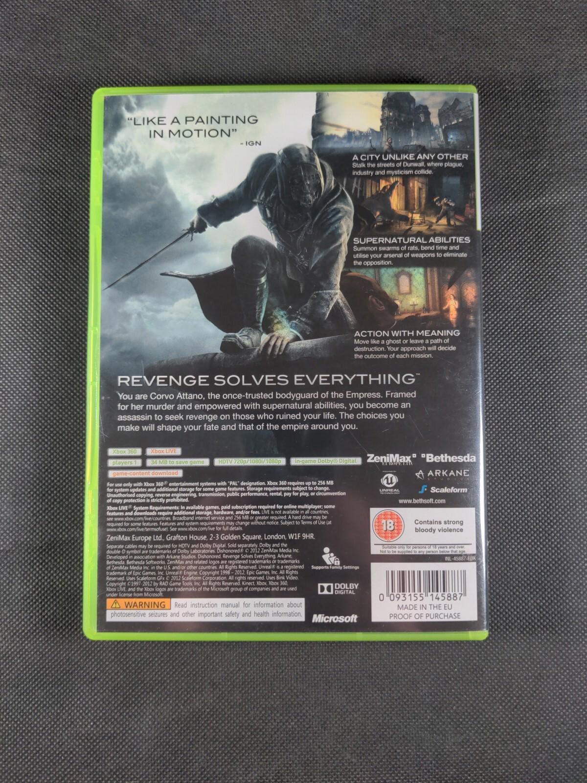 Dishonored Microsoft Xbox 360 UK PAL Region