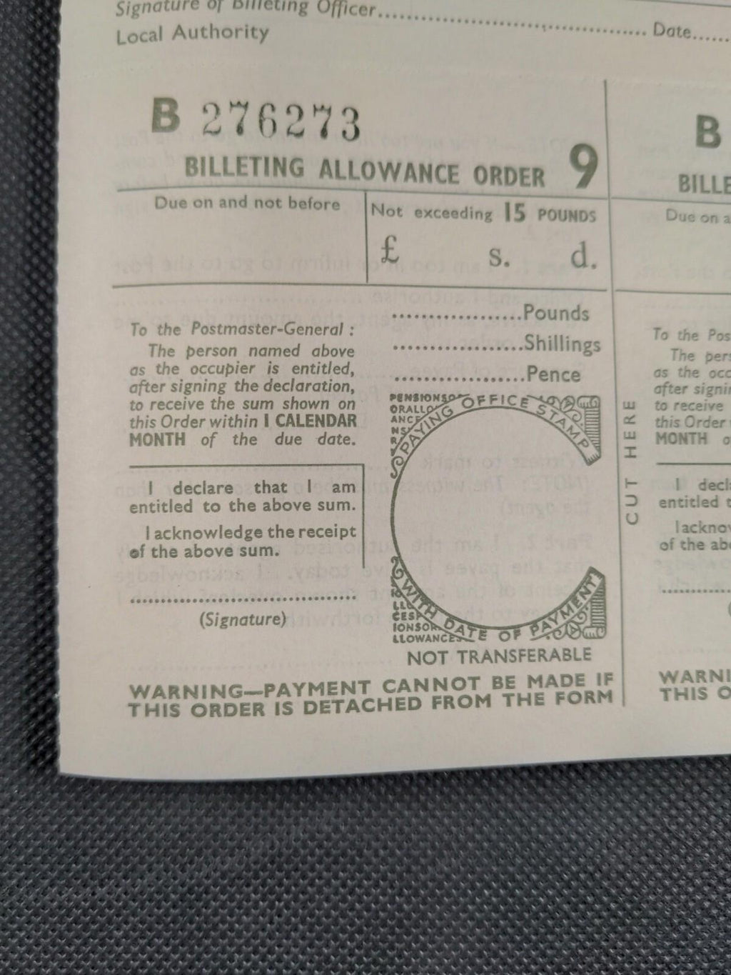 Defence Regulation WW2 Billeting Allowance Order Form Evacuation War Ephemera UK