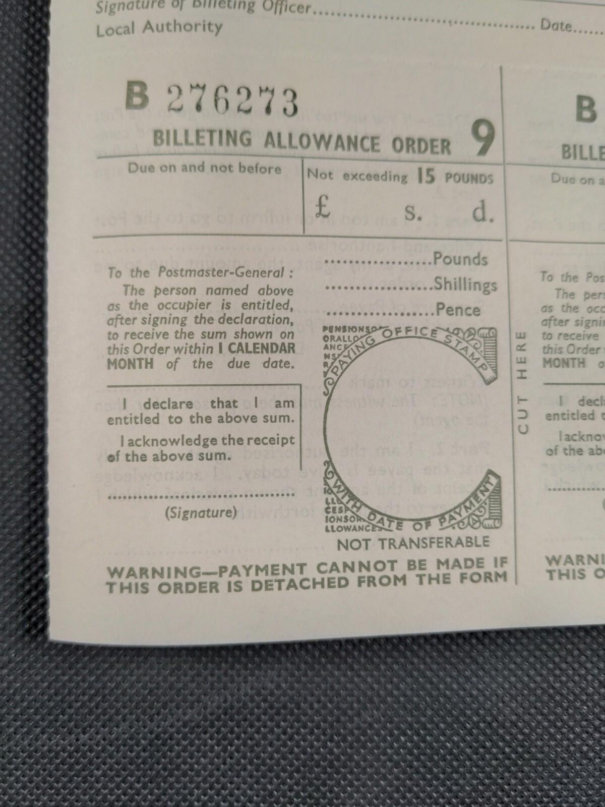 Defence Regulation WW2 Billeting Allowance Order Form Evacuation War Ephemera UK