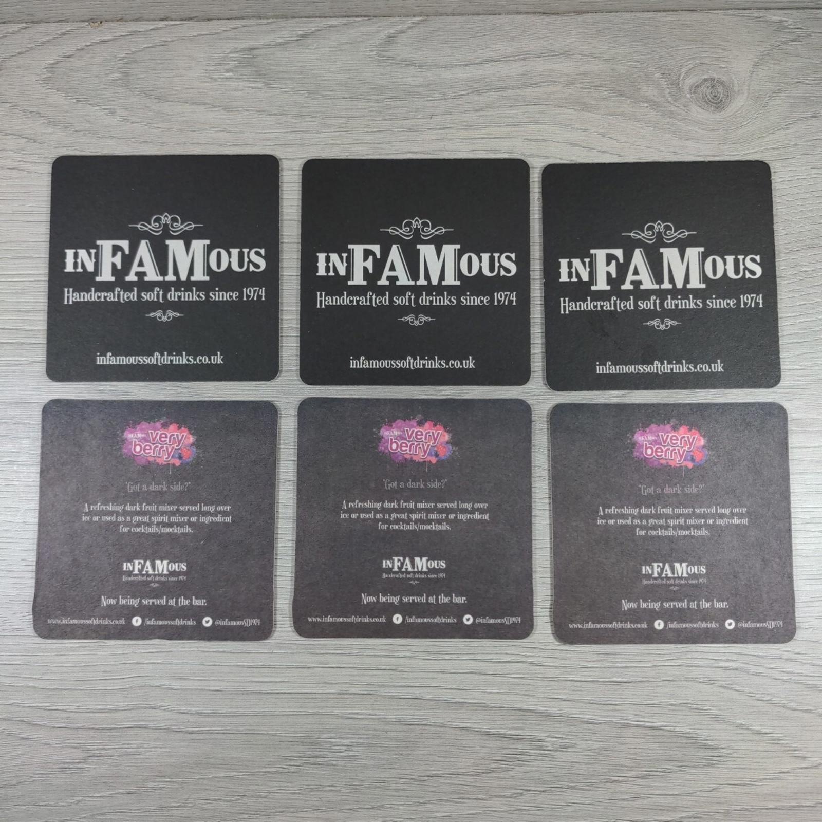 InFAMous 6 x Vintage Beer Mats Pub Bar Coaster Breweriana - Retrorama UK