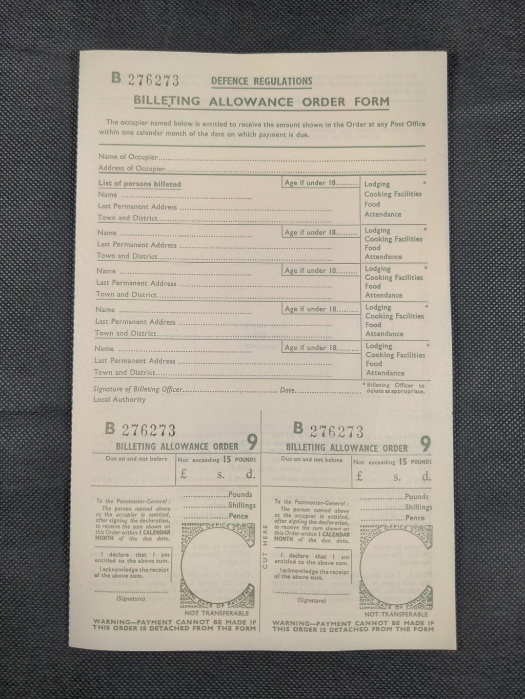 Defence Regulation WW2 Billeting Allowance Order Form Evacuation War Ephemera UK