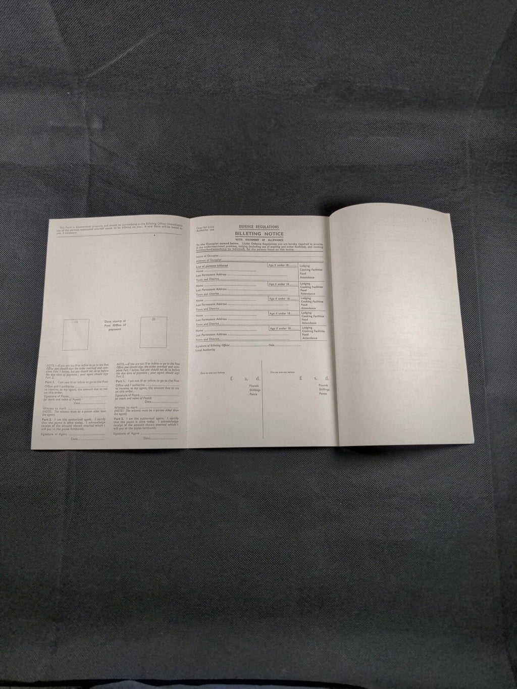 Defence Regulation WW2 Billeting Allowance Order Form Evacuation War Ephemera UK