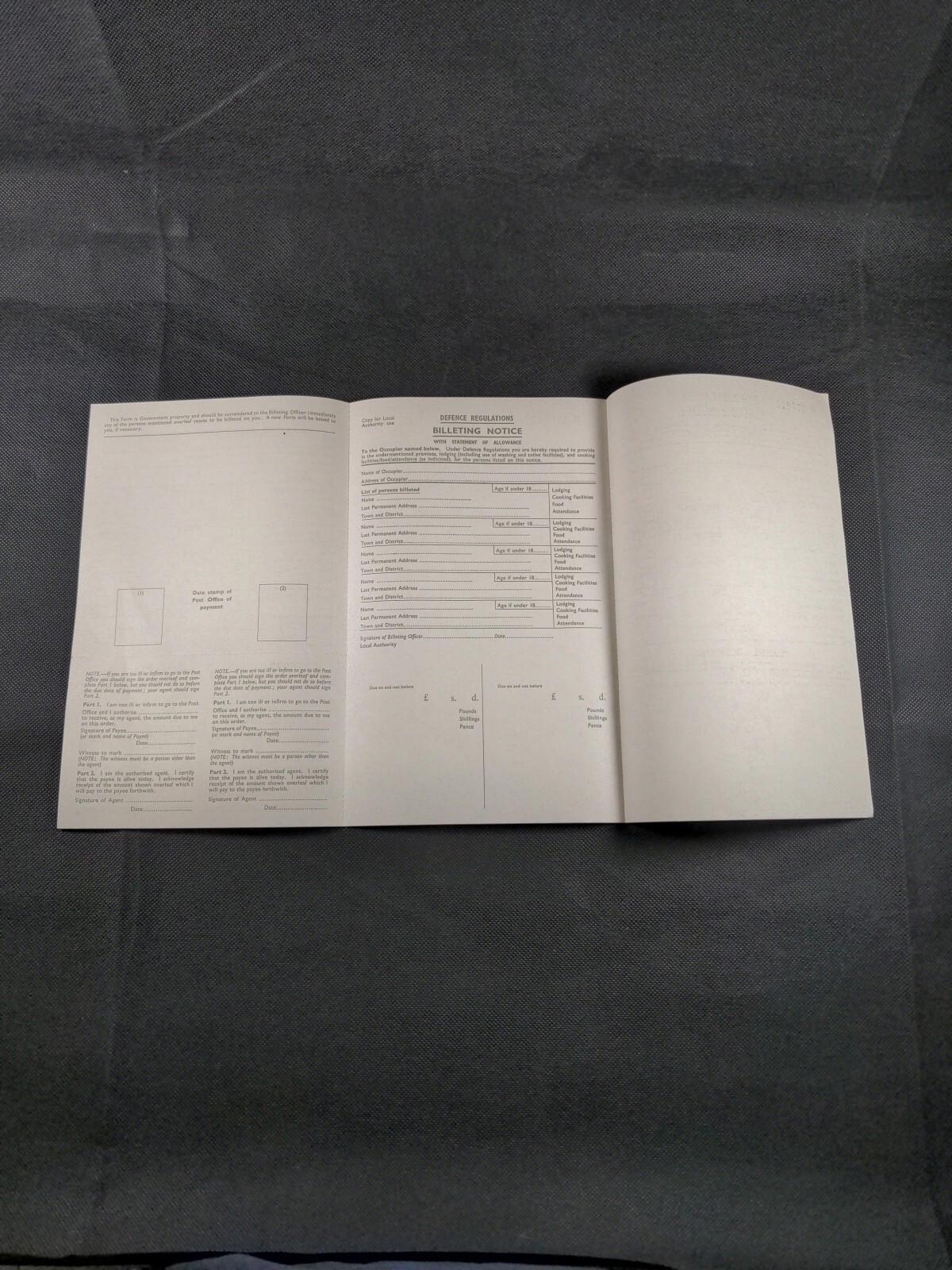 Defence Regulation WW2 Billeting Allowance Order Form Evacuation War Ephemera UK