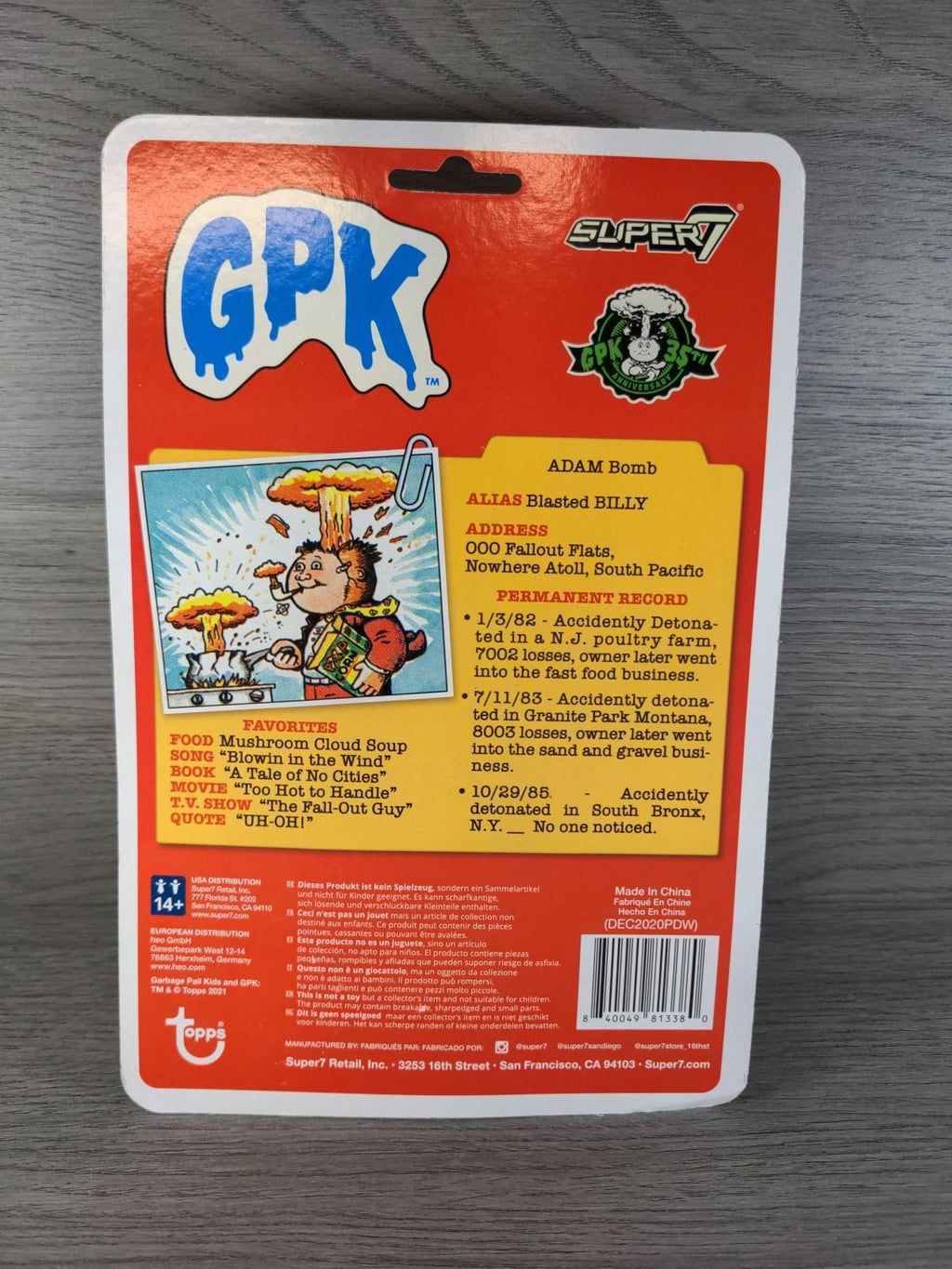 Garbage Pail Kids GPK  Adam Bomb Super7  2021 Reaction Figures