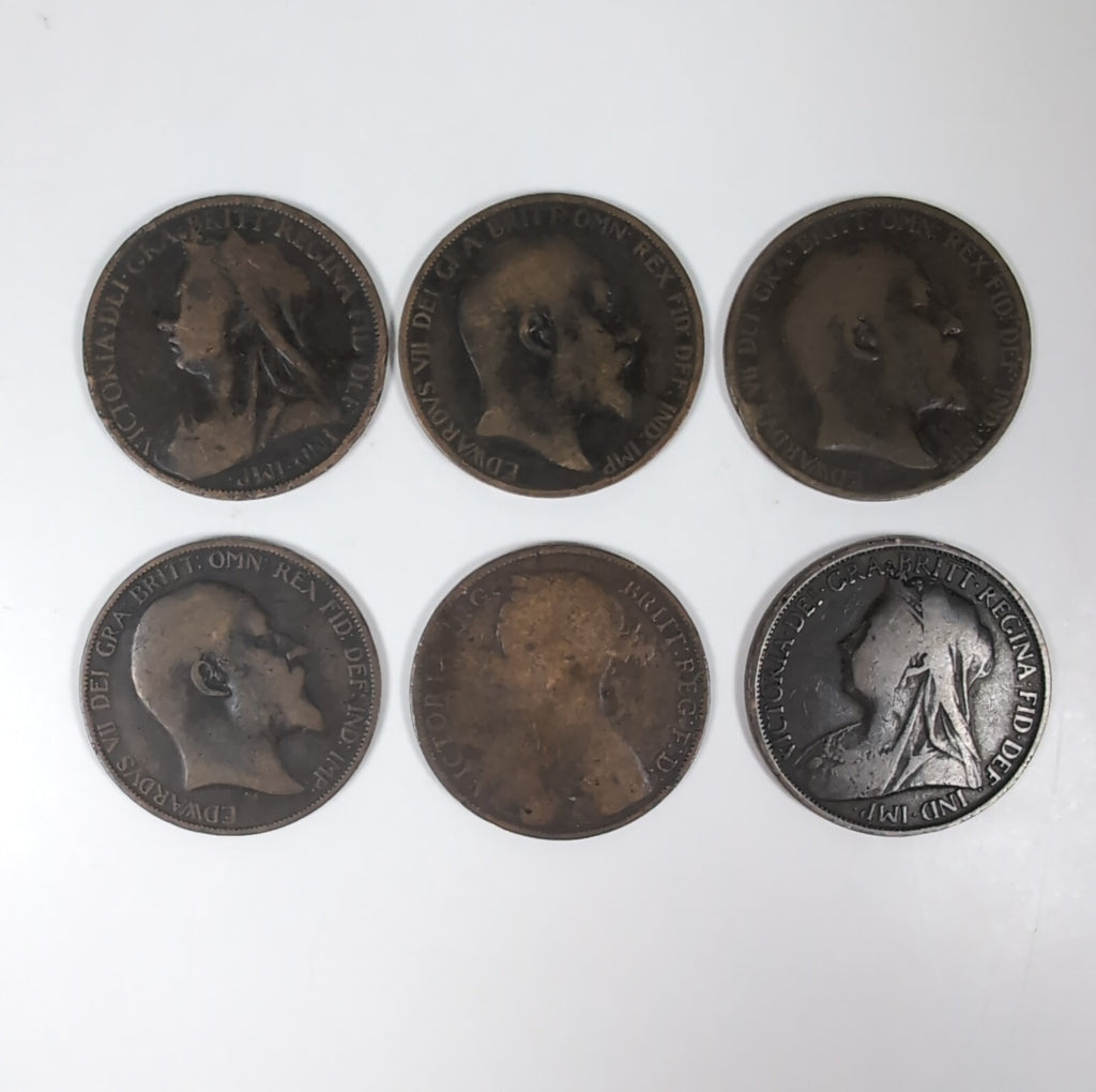 6 x Victorian/Edwardian One Penny 1D Coins 1886, 1896, 1900, 1902 x 2, 1903