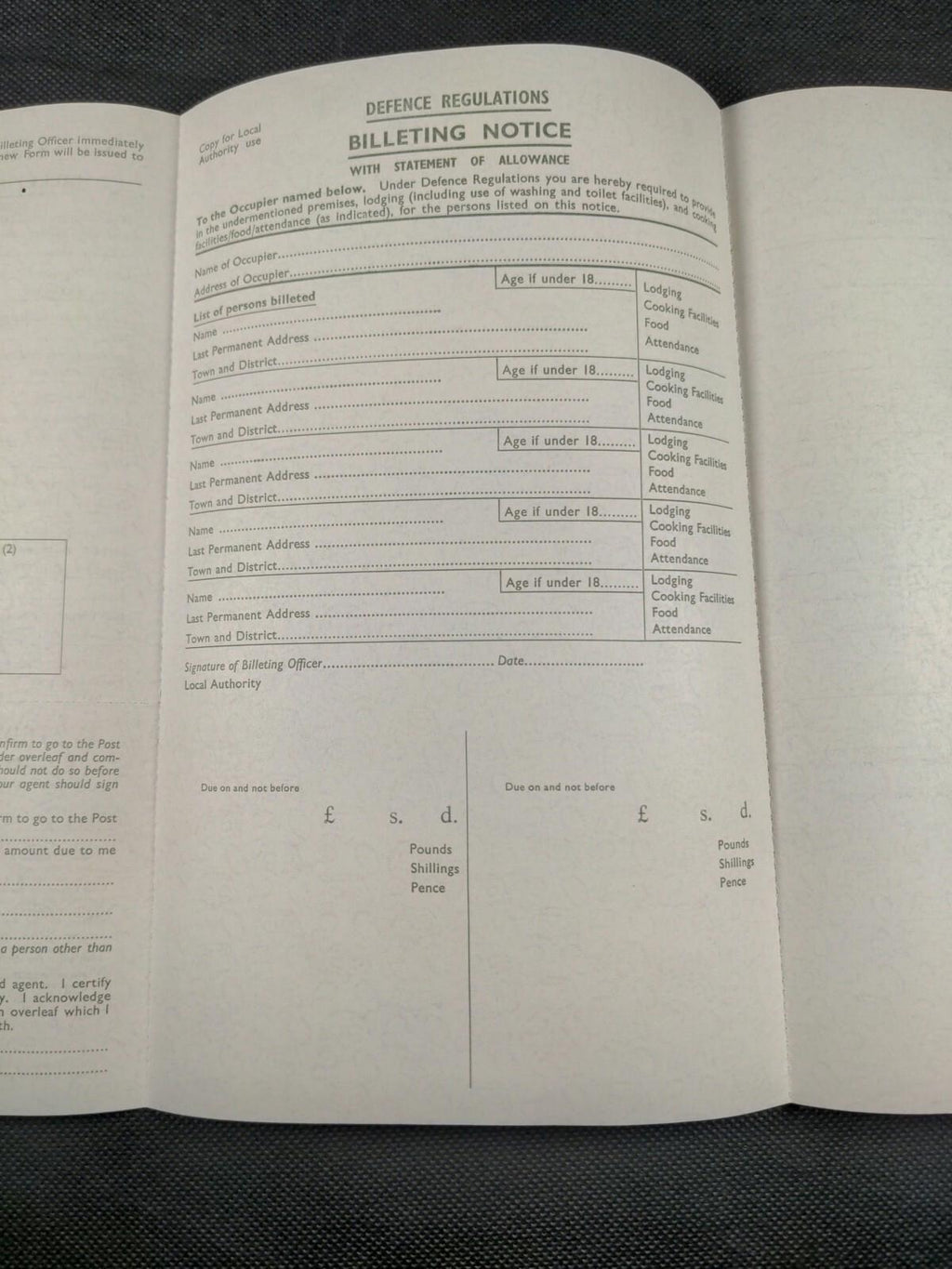 Defence Regulation WW2 Billeting Allowance Order Form Evacuation War Ephemera UK