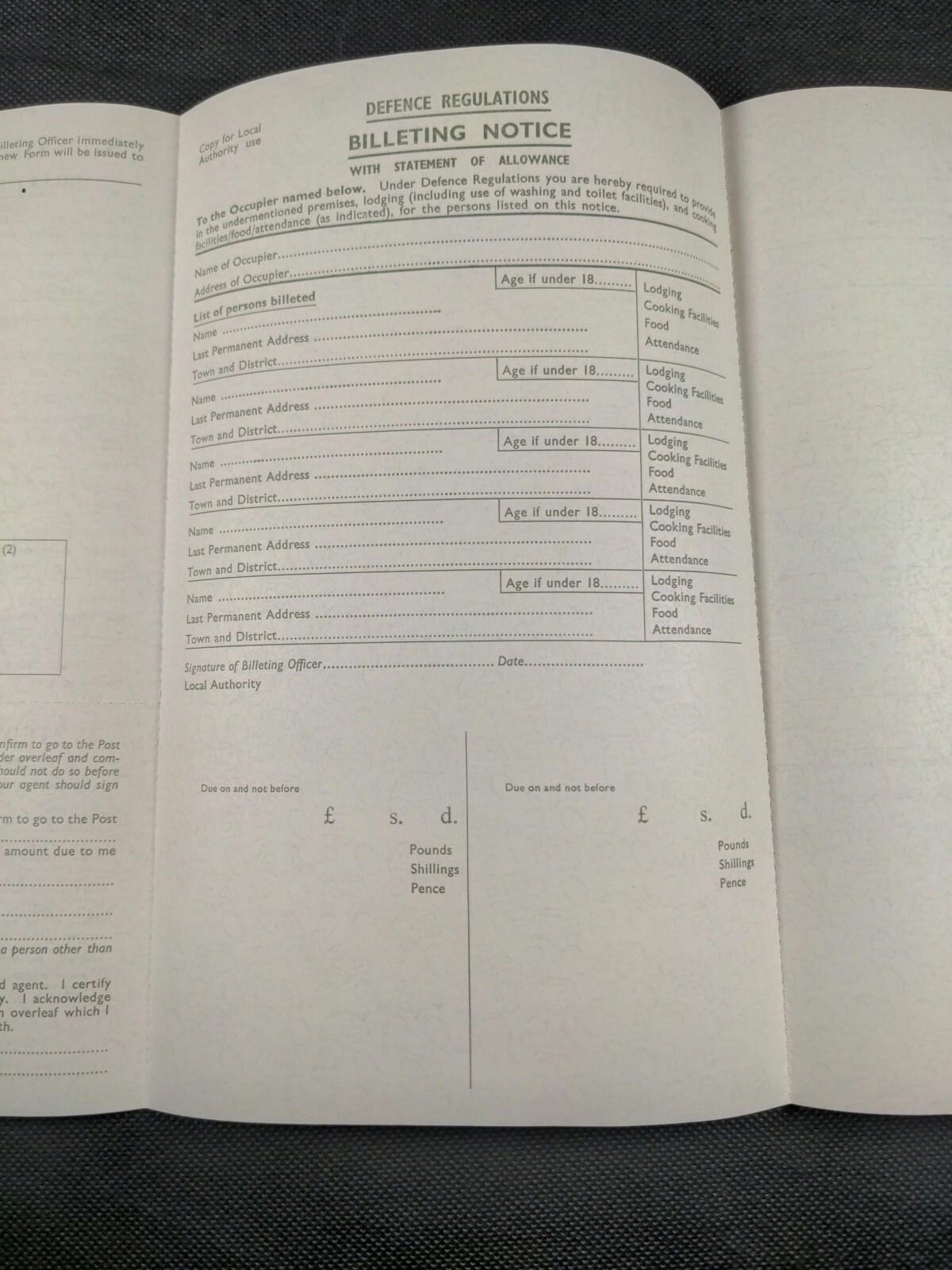 Defence Regulation WW2 Billeting Allowance Order Form Evacuation War Ephemera UK